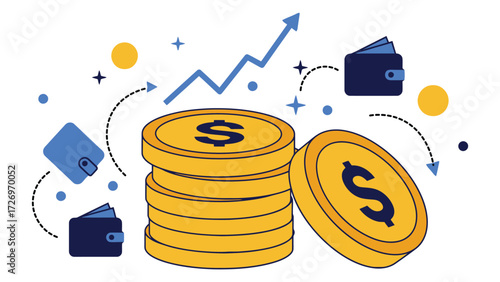 Stack of Gold Coins with Wallets and Rising Growth Arrow Representing Finance, Investment, Wealth and Economic Success Vector Illustration