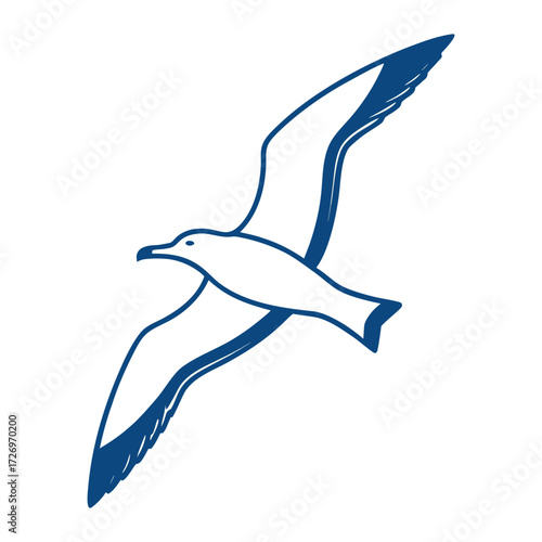 Elegant Navy Blue Line Art Depiction of a Seagull in Flight Against White Backdrop Delivering Clean and Minimalist Bird Illustration