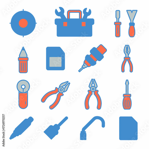 Collection of colorful repair tools icons for home improvement projects and handyman services with white background