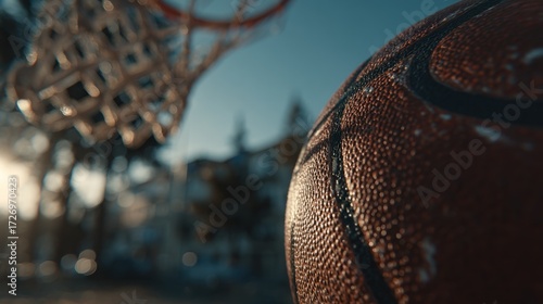 Close-up of a Textured Basketball with a Blurred Net and Outdoor Setting