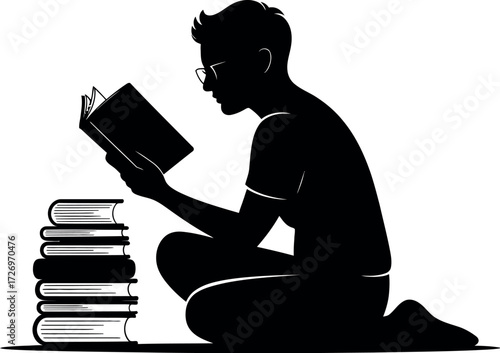 Person reading a book with stack of books silhouette
