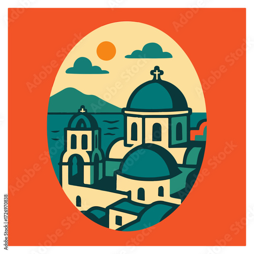 Santorini Oia Blue Domes — Greek Island Aegean Sea Oval Travel Poster