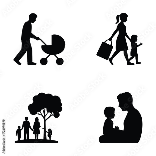 Diverse family silhouettes showing parenting love connection care and generations together