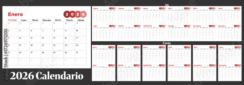 Template of 2026 Spanish Desk calendar on landscape orientation.week start on Sunday and Sunday as weekend.calendar with A4 and Letter size format.Compatible on south and middle America country.