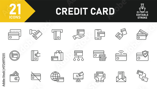 Credit card line icon set. Set of 21 outline icons related to credit card, debit, ATM, payment, wallet, transaction, money and others. Editable stroke. Vector illustration.