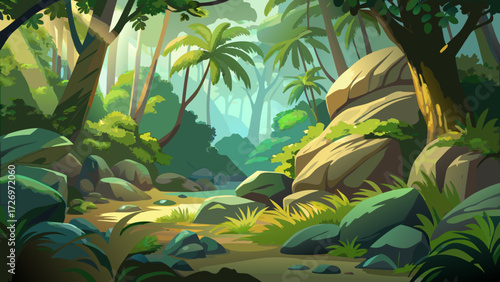 Dense greenery envelops various rocks, illuminated gently by sunlight filtering through trees. This tranquil environment showcases natural beauty and serenity found in a tropical forest