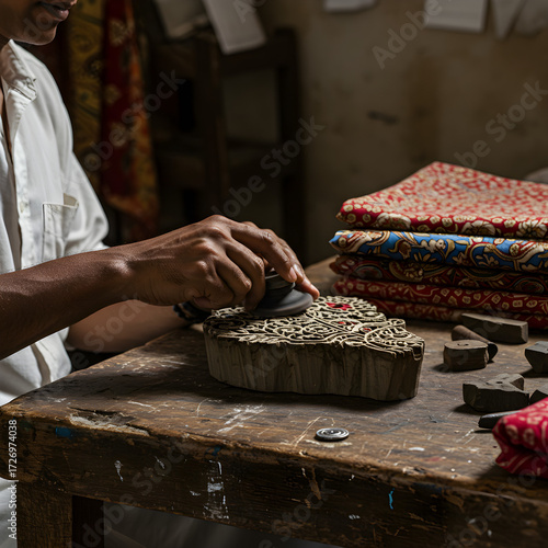 Craftsman polishing Kalamkari block on worn wooden workbench, surrounded by vibrant fabrics and eclectic tools.