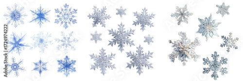 Set of Single snowflake design, realistic frozen crystal geometry on transparent png background. Ai generated
