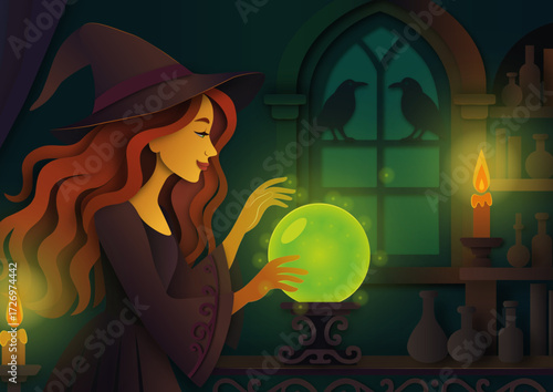Paper-cut style illustration: a beautiful witch in a castle at night gazes into a glowing crystal ball, surrounded by lit candles and a mystical, gothic atmosphere. 