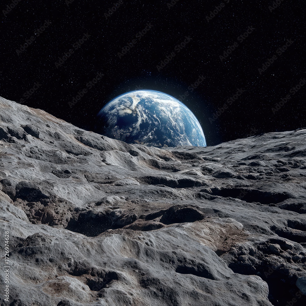 Obraz premium Earth seen from a rocky lunar landscape. Vast expanse of gray, cratered moon surface with Earth in the distance