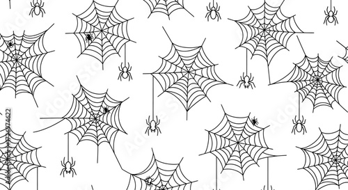 Seamless Halloween pattern featuring hand-drawn spiders and intricate cobwebs. A spooky black and white vector illustration background for design