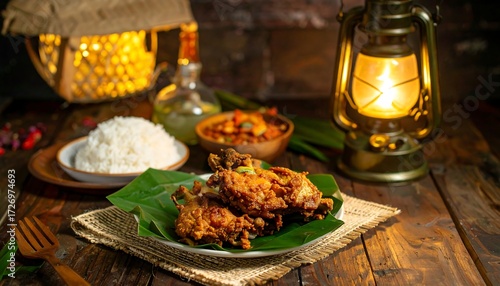 Fototapeta Naklejka Na Ścianę i Meble -  Rustic still life of crispy fried chicken served on banana leaf