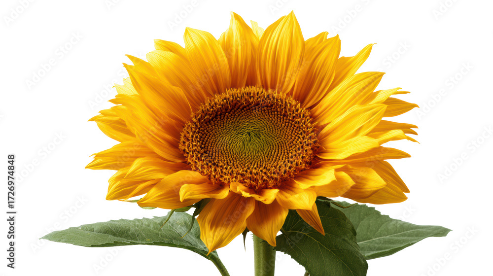 Fototapeta premium Vibrant sunflower with yellow petals and green leaves, isolated on white background.