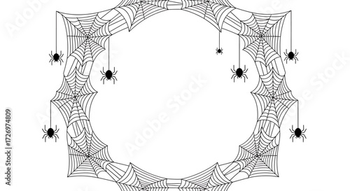 A spooky circular frame made of intricate spiderwebs with hanging spiders. Black and white vector line art perfect for Halloween decorations and scary graphic design