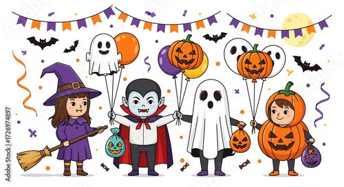 Cute cartoon children dressed in Halloween costumes like a witch, vampire, ghost, and pumpkin, holding balloons and candy bags, celebrating a festive party.