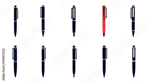 Pens in Formation: An array of pens meticulously arranged against a clean background, with one vibrant red pen positioned distinctively among the others, symbolizing individuality.