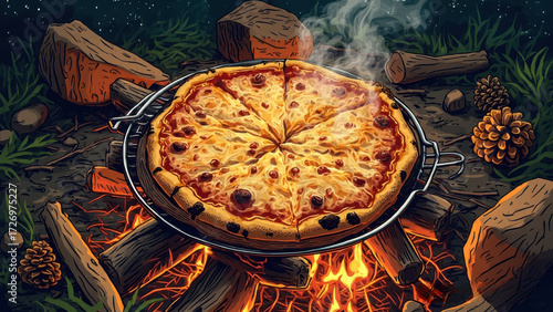 Pizza cooked over a campfire