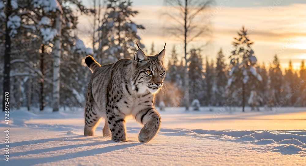 Obraz premium Lynx walking in snow.