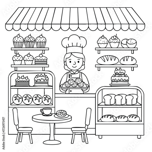 A cheerful baker stands behind a quaint bakery counter filled with various baked goods and treats.