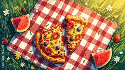 Summer picnic scene with pizza and watermelon slices on a red checkered blanket.