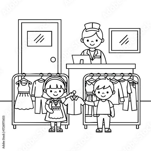 Children happily selecting outfits in a clothing store while a friendly attendant assists them with choices.