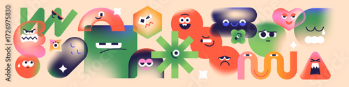 Composition of different geometric shapes standing together. Abstract figures, lines with various emotions on faces. Happy, sad, angry, and crying characters. Flat isolated vector illustration.