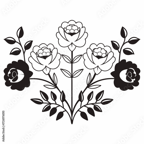A symmetrical floral arrangement featuring roses and leaves in black and white with detailed line work