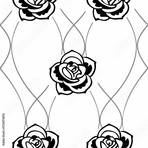 Seamless pattern with stylized roses in black and white and geometric gray lines forming diamond shapes