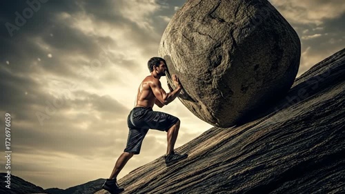 Man pushing heavy boulder up a steep rocky hill, symbolizing overcoming challenges and perseverance, inspiration footage.