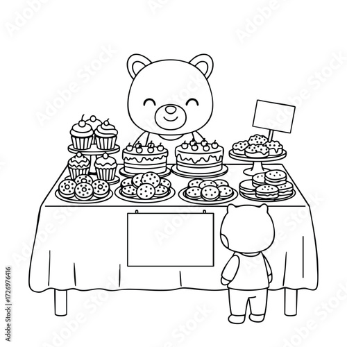 A cheerful bear stands behind a dessert table filled with colorful cakes, cookies, and cupcakes, inviting customers.