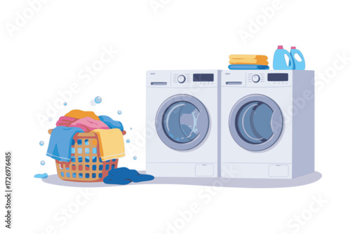 Laundry Day Scene Illustration. Chores, Home Life, Fresh Clothes, and Domestic Activities. Washing, Drying, Folding, Everyday Life.