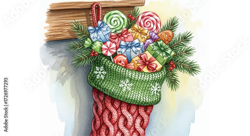 watercolor christmas stocking filled with candies gifts and pine branches, hand painted watercolor christmas stocking with sweets toys and pine needles, festive watercolor holiday stocking 