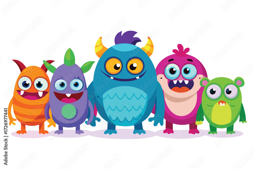 Fototapeta premium Group of Five Colorful Cartoon Monsters with Big Eyes and Friendly Expressions characters