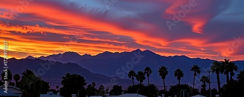 Serene sunset over Palm Springs, showcasing a majestic mountain range silhouetted against the fiery sky, with a row of palm trees in the foreground, nature, evening, California