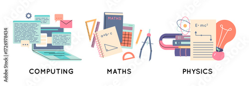 Cartoon Color Education Course Concept Computing, Maths and Physics Subjects Set Flat Design Style. Vector illustration