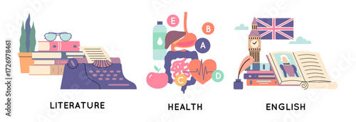 Cartoon Color Education Course Concept Literature, Health and English Subjects Set Flat Design Style. Vector illustration