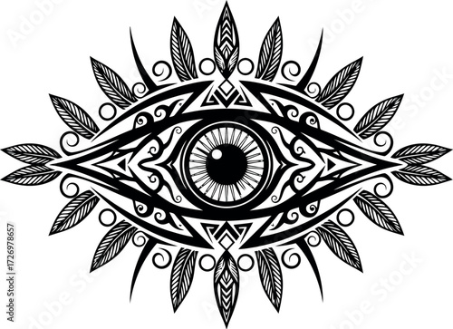 Intricate tribal all-seeing eye vector illustration with ornamental feathers. Esoteric and spiritual sacred geometry symbol for tattoo design