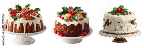 Set of Elegant Christmas cake on a white cake stand, decorated with icing and small festive ornaments on transparent png background. Ai generated