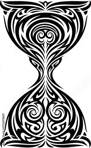 Intricate tribal hourglass illustration with swirling ornamental patterns, a symbolic vector tattoo design representing the passage of time