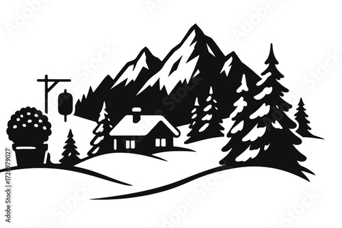 Snowy alpine cabin with pines and mountains, black silhouette winter landscape
