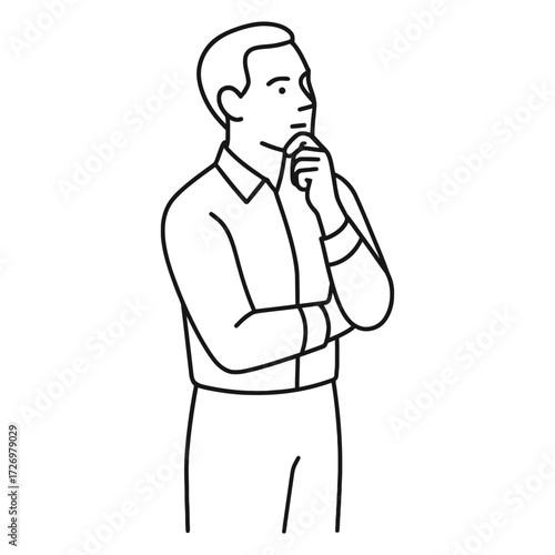 Man thinking with hand on chin, line art, decision making, contemplation