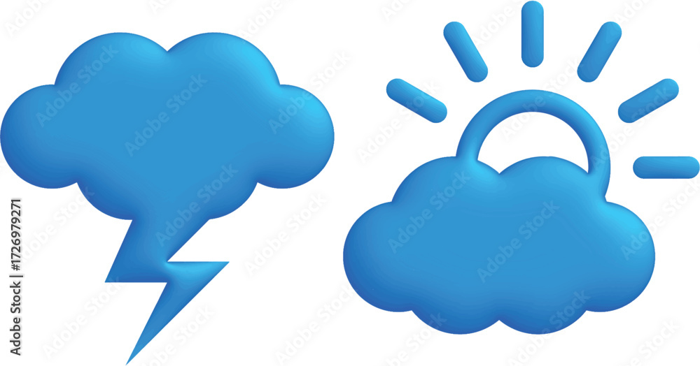 Obraz premium Blue Weather Icons Thunderstorm Cloud and Sun Behind Cloud Vector Illustration