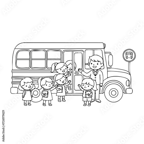 A cheerful school bus scene featuring children and an adult, showcasing excitement and friendship in a lively atmosphere.