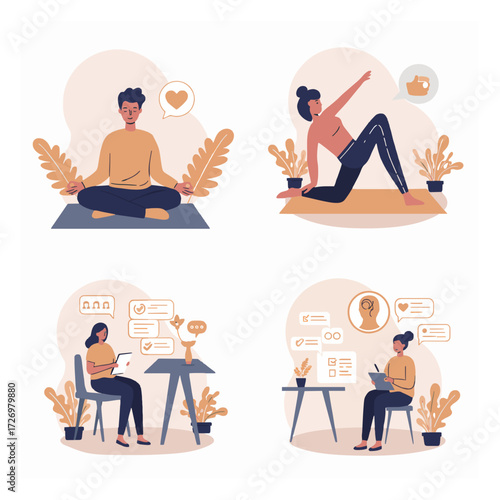 People doing yoga, meditating, and in therapy sessions
