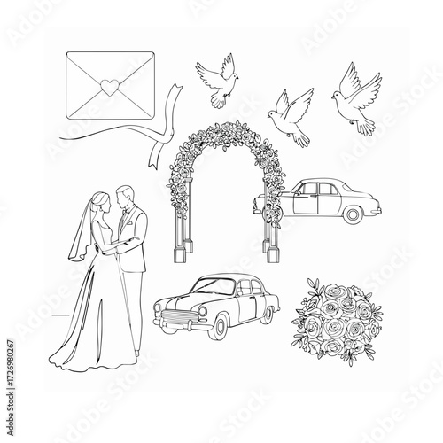 Wedding and marriage line art set, vector illustrations of bride, groom, vintage car, and floral arch, ai generated.