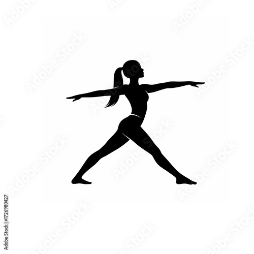 Silhouette of a woman in yoga warrior pose, vector illustration for fitness and wellness, ai generated.
