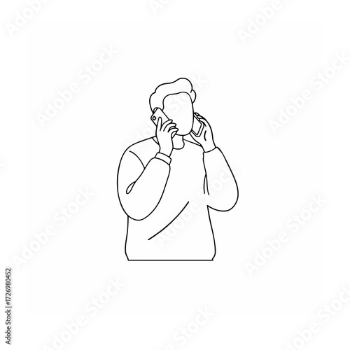 Line art of a busy man talking on two phones at once, vector illustration, ai generated.