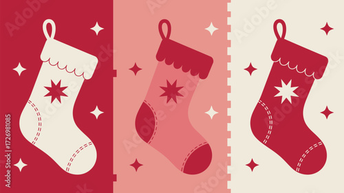 Three christmas stockings in red and white colors with stars on a festive background illustration art