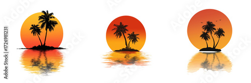 Set of Vibrant palm tree crown with sunlight peeking through during sunset on transparent png background. Ai generated