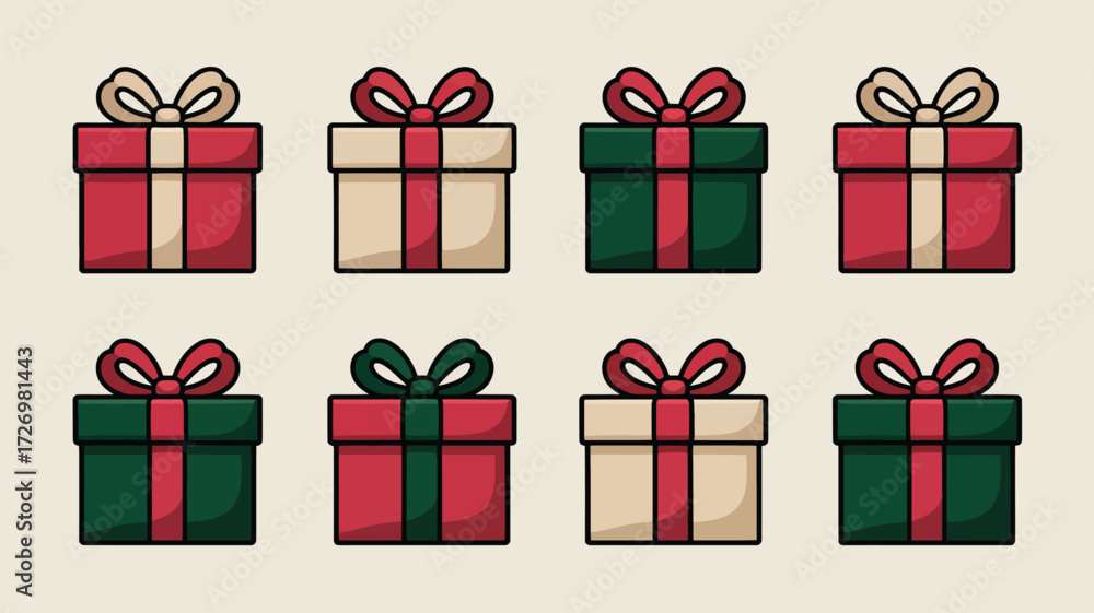 Fototapeta premium Eight christmas gift boxes arranged in two rows with red and green colors and ribbons on a light background